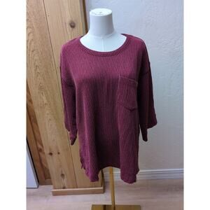 Andree by Unit Oversized Maroon Striped 3/4 Sleeve Top Pocket S Small Textured